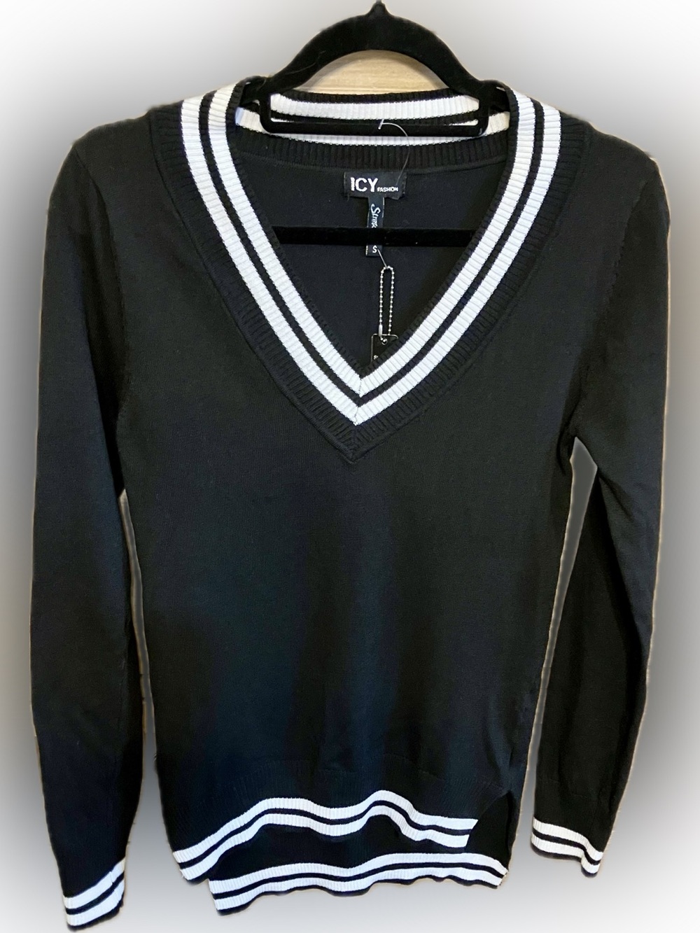 ICY Fashion Black V-Neck Sweater with White Stripe Detail